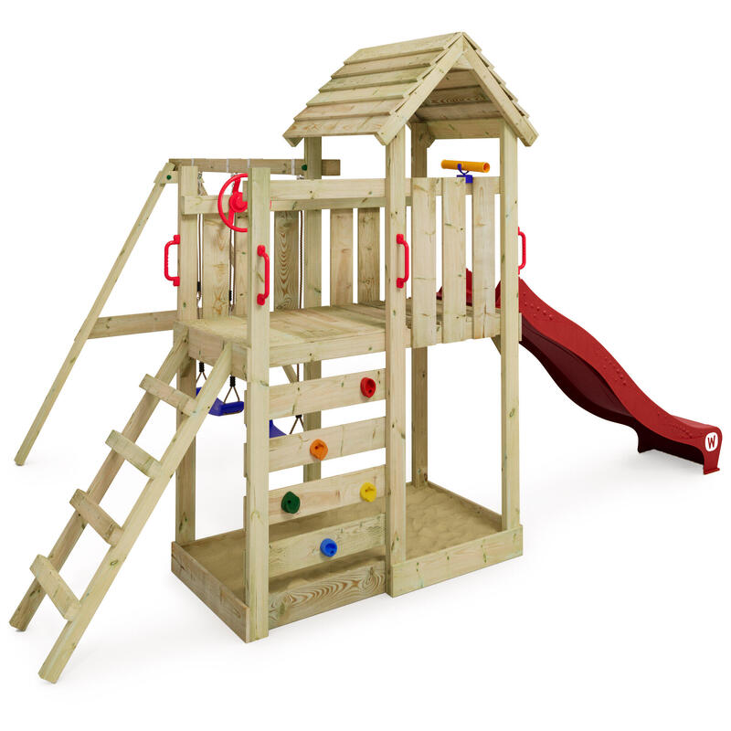 Aire de jeux MultiFlyer toit en bois avec balançoire rouge