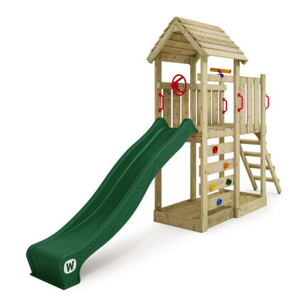 Aire de jeux Portique bois JoyFlyer avec toboggan turquoise