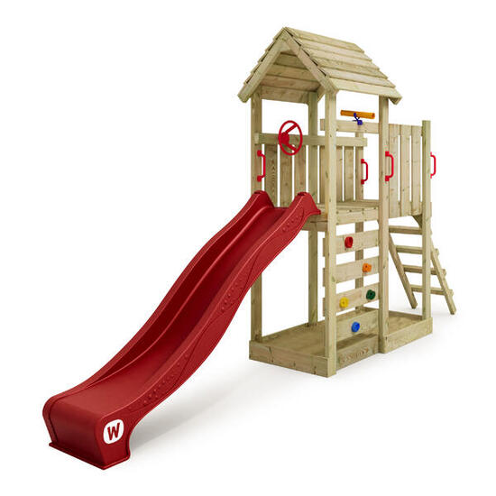 Aire de jeux Portique bois JoyFlyer avec toboggan rouge