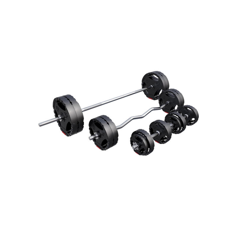 CONJUNTO COMPLETO DE HALTERES 97,5KG | DISCOS DE PLÁSTICO + BARRAS | MUSCULAÇÃO
