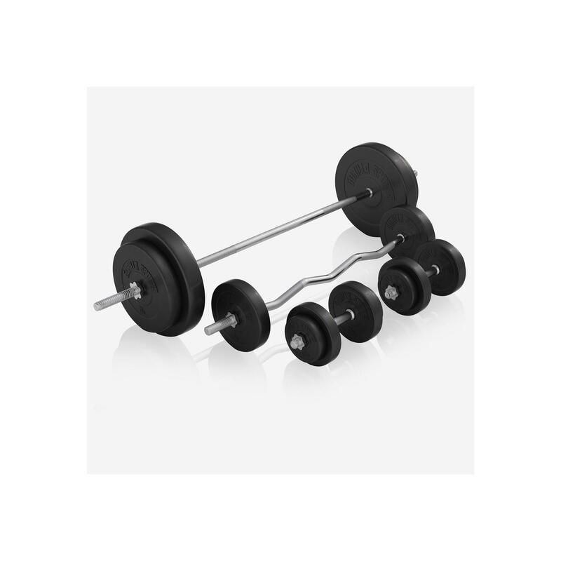 BANC DE MUSCULATION NOIR UNIVERSEL + SET D'HALTERES POIDS PLASTIQUES ET BARRES 9