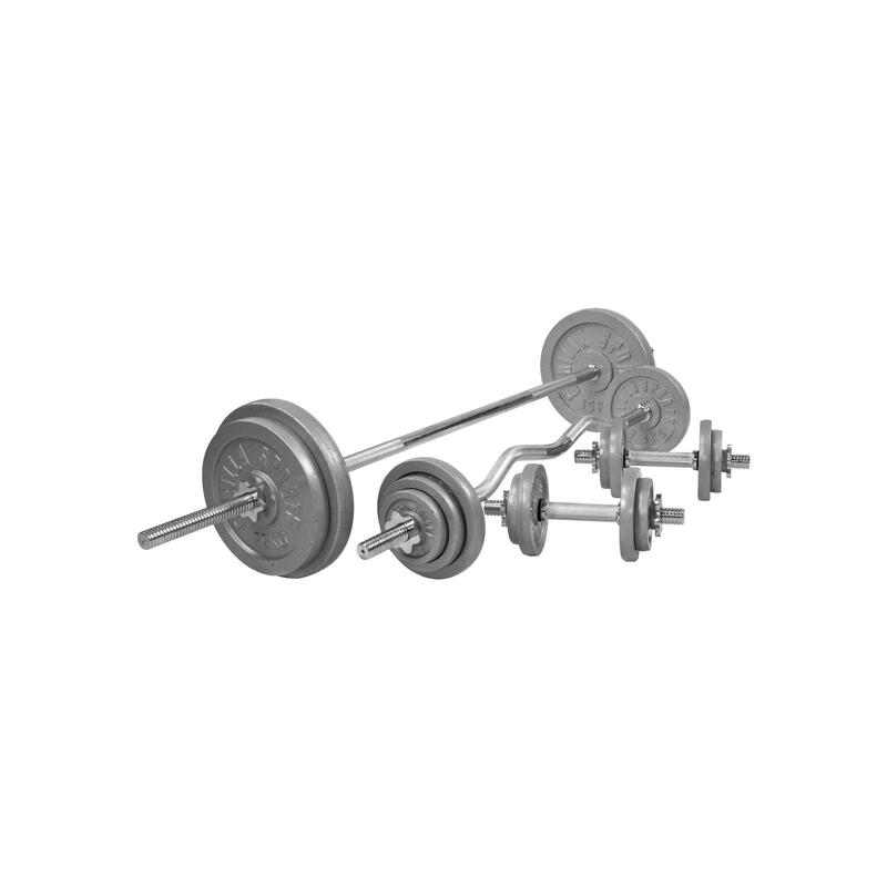 SET D'HALTÈRES BARRE CURL 105,5KG | DISQUES EN FONTE + BARRES | MUSCULATION