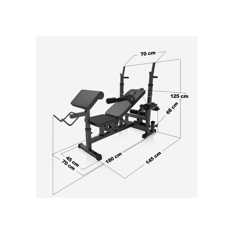 BANC DE MUSCULATION NOIR UNIVERSEL + SET D'HALTERES POIDS PLASTIQUES ET BARRES 9