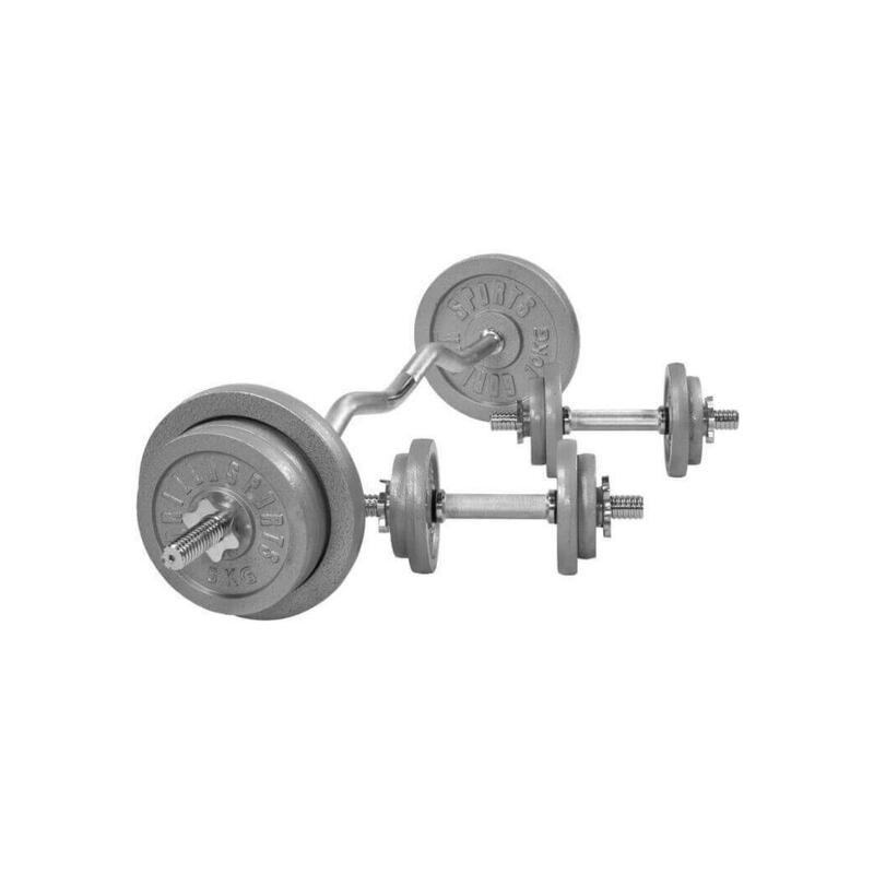 SET D'HALTÈRES BARRE CURL 68KG | DISQUES EN FONTE + BARRES | MUSCULATION