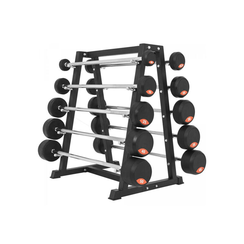 LOT DE 10 HALTÈRES LONGS MONOBLOC CAOUTCHOUC + RACK DE RANGEMENT | MUSCULATION