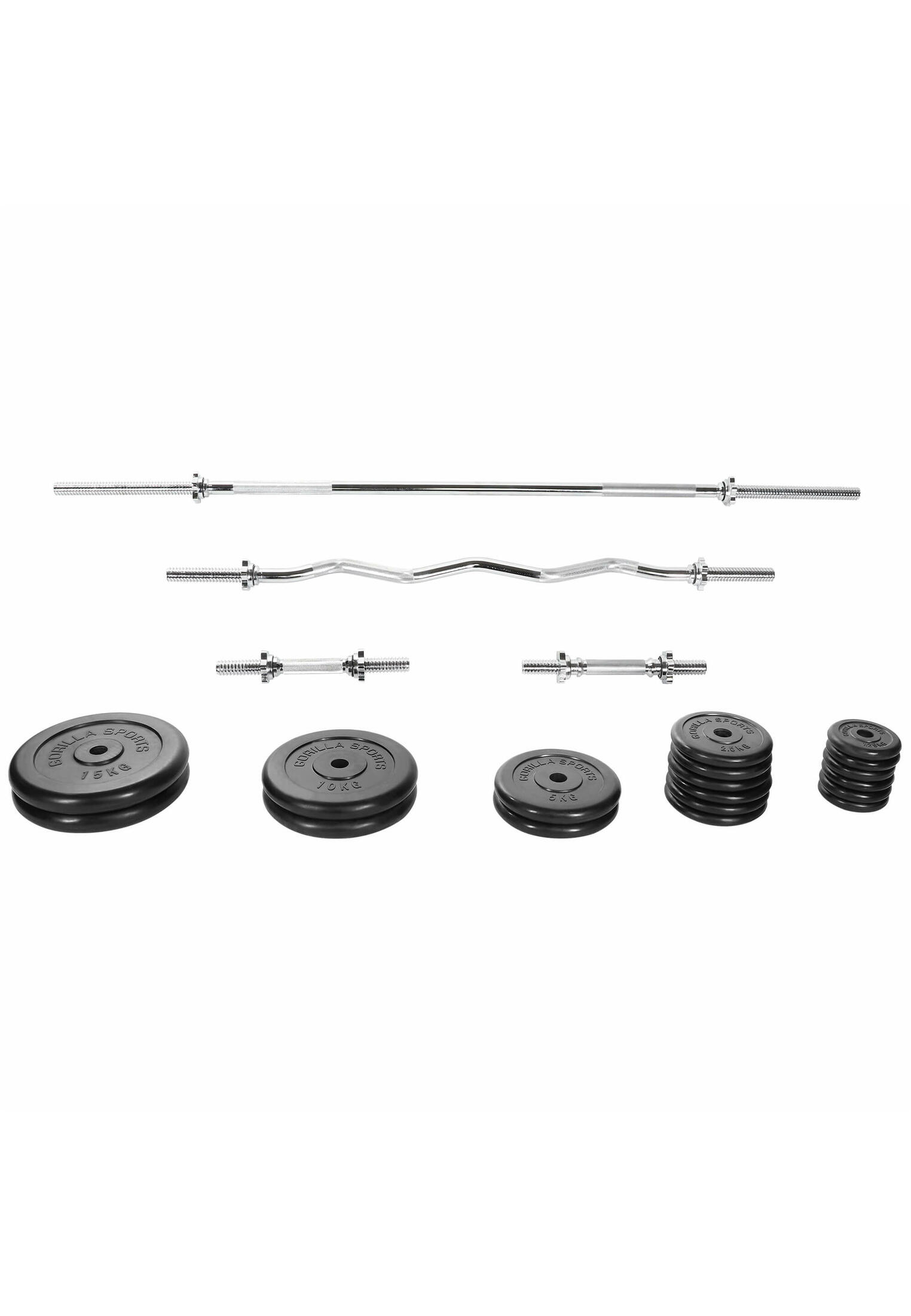 SET D'HALTÈRES COMPLET 105,5KG | DISQUES FONTE CAOUTCHOUC + BARRES | MUSCULATION 3/5