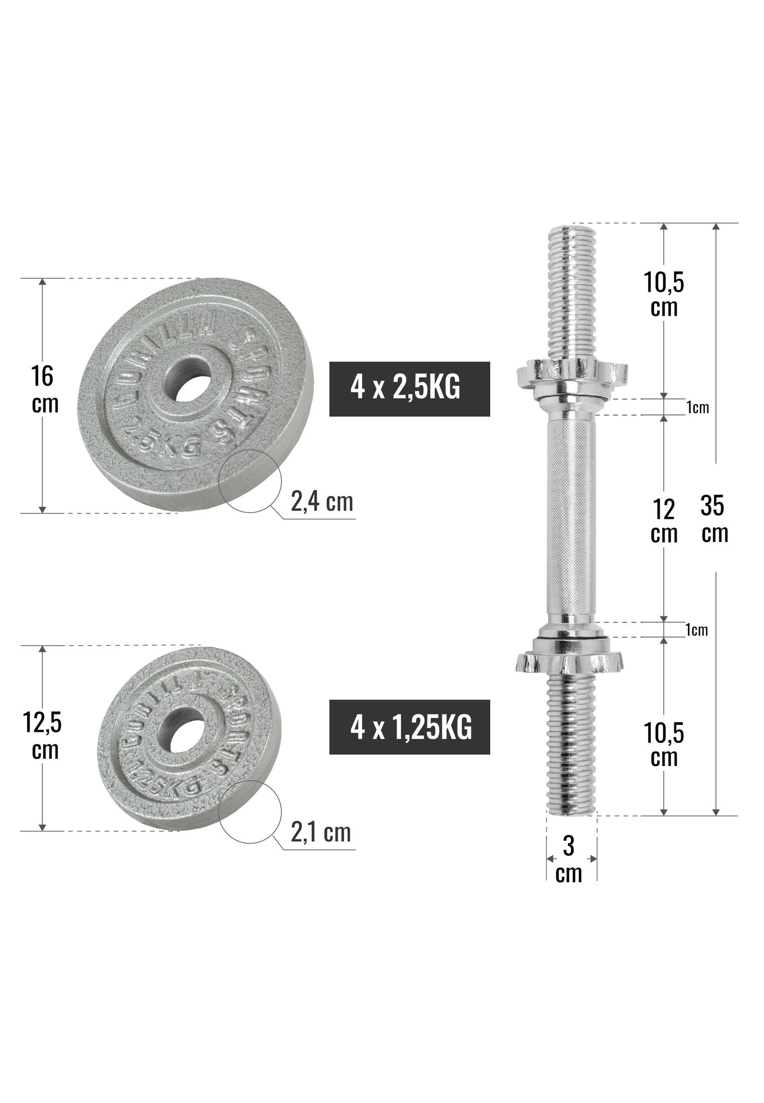 KIT D'HALTERES COURTS 20 KG POIDS EN FONTE | MUSCULATION | COULEUR GRIS 3/7