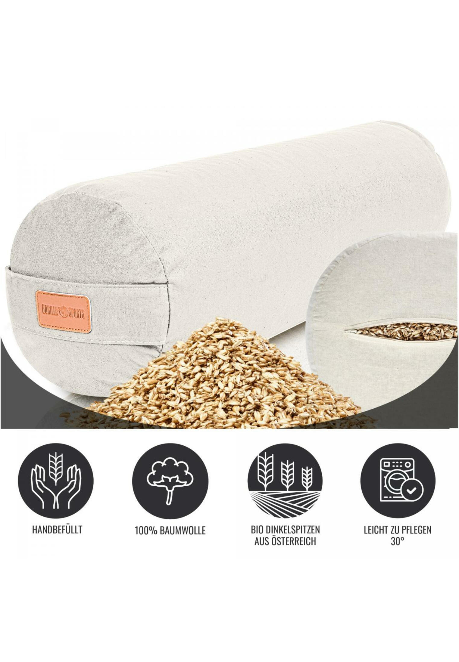 Gorilla Sports Yoga Bolster - Zandkleur - 65 x 20 cm - Yoga kussen - Rond 3/7