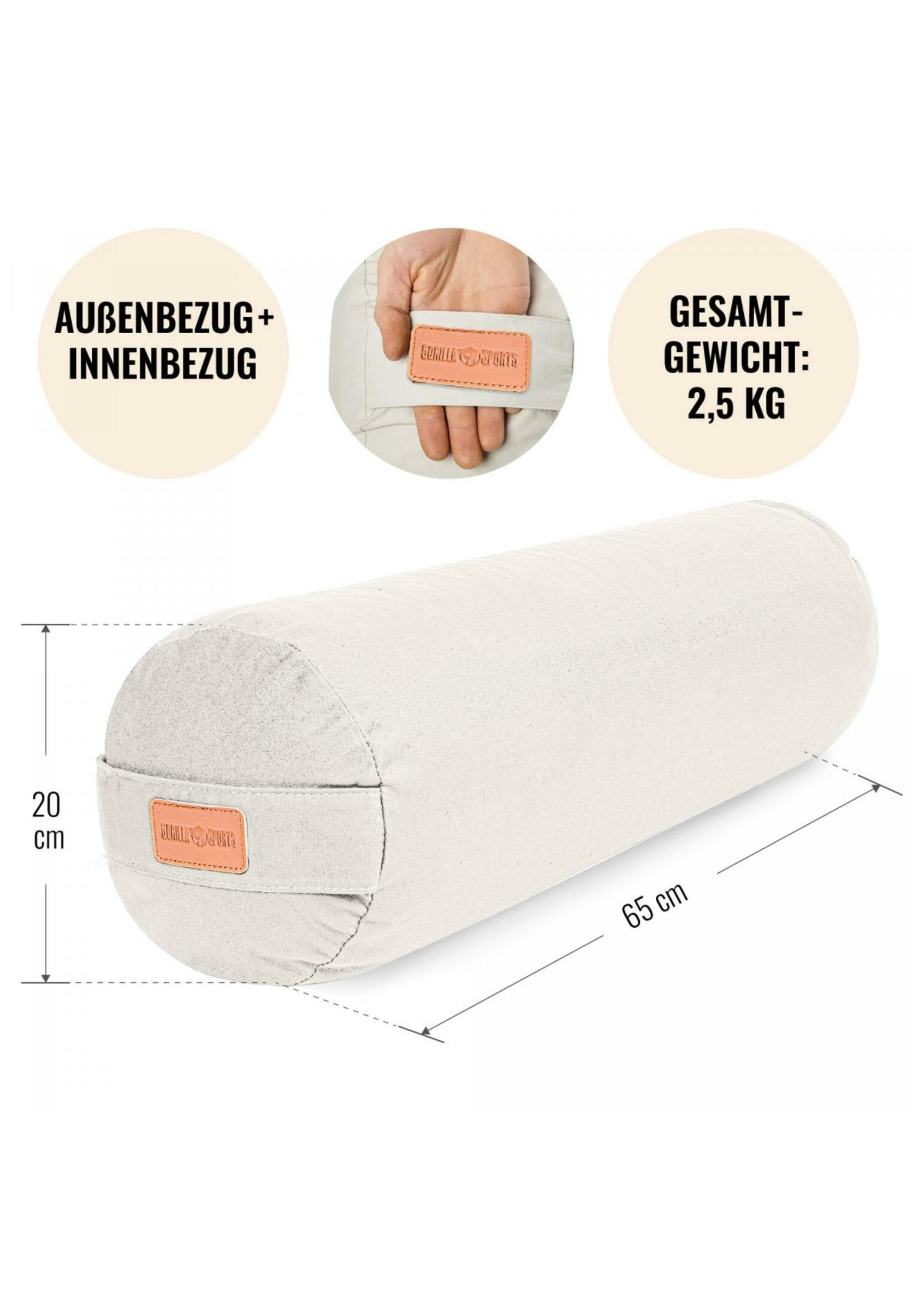 Gorilla Sports Yoga Bolster - Zandkleur - 65 x 20 cm - Yoga kussen - Rond 4/7