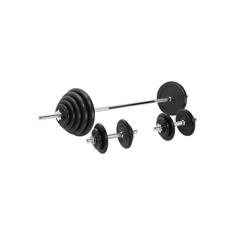 SET D'HALTÈRES FONTE CAOUTCHOUC 97,5KG | BARRES 170CM + 2 X 35CM| MUSCULATION