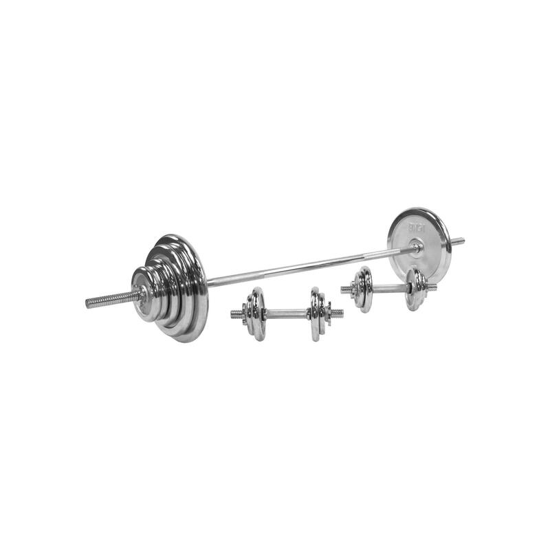 SET D'HALTÈRES CHROME 97,5KG | BARRES 170CM + 2 X 35CM| MUSCULATION