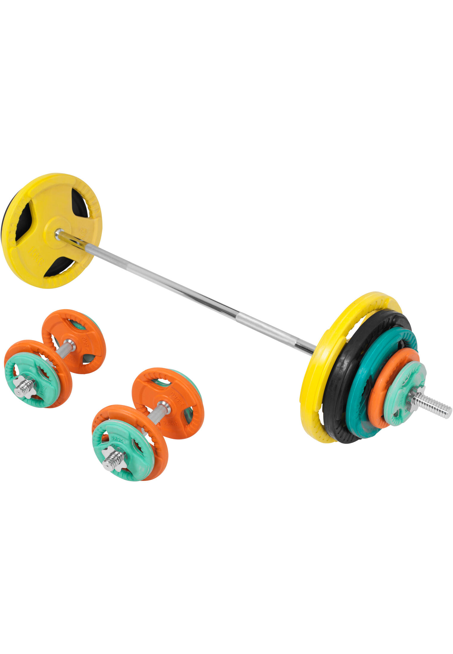 KIT 97,5KG AVEC POIDS EN CAOUTCHOUC GRIP ET BARRE CURL | DIAMETRE 30/31MM | MUSC 2/7