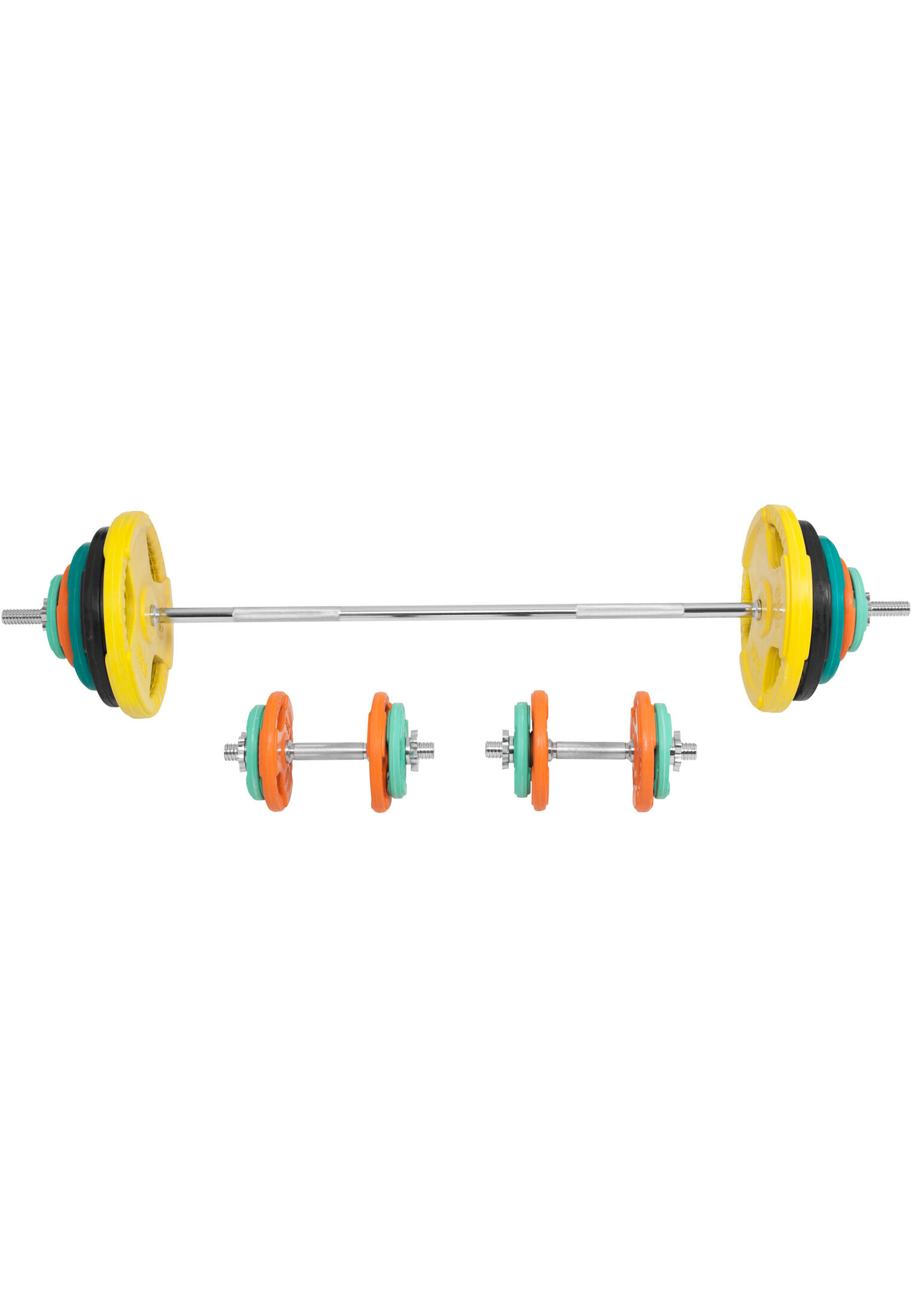 KIT 97,5KG AVEC POIDS EN CAOUTCHOUC GRIP ET BARRE CURL | DIAMETRE 30/31MM | MUSC 5/7