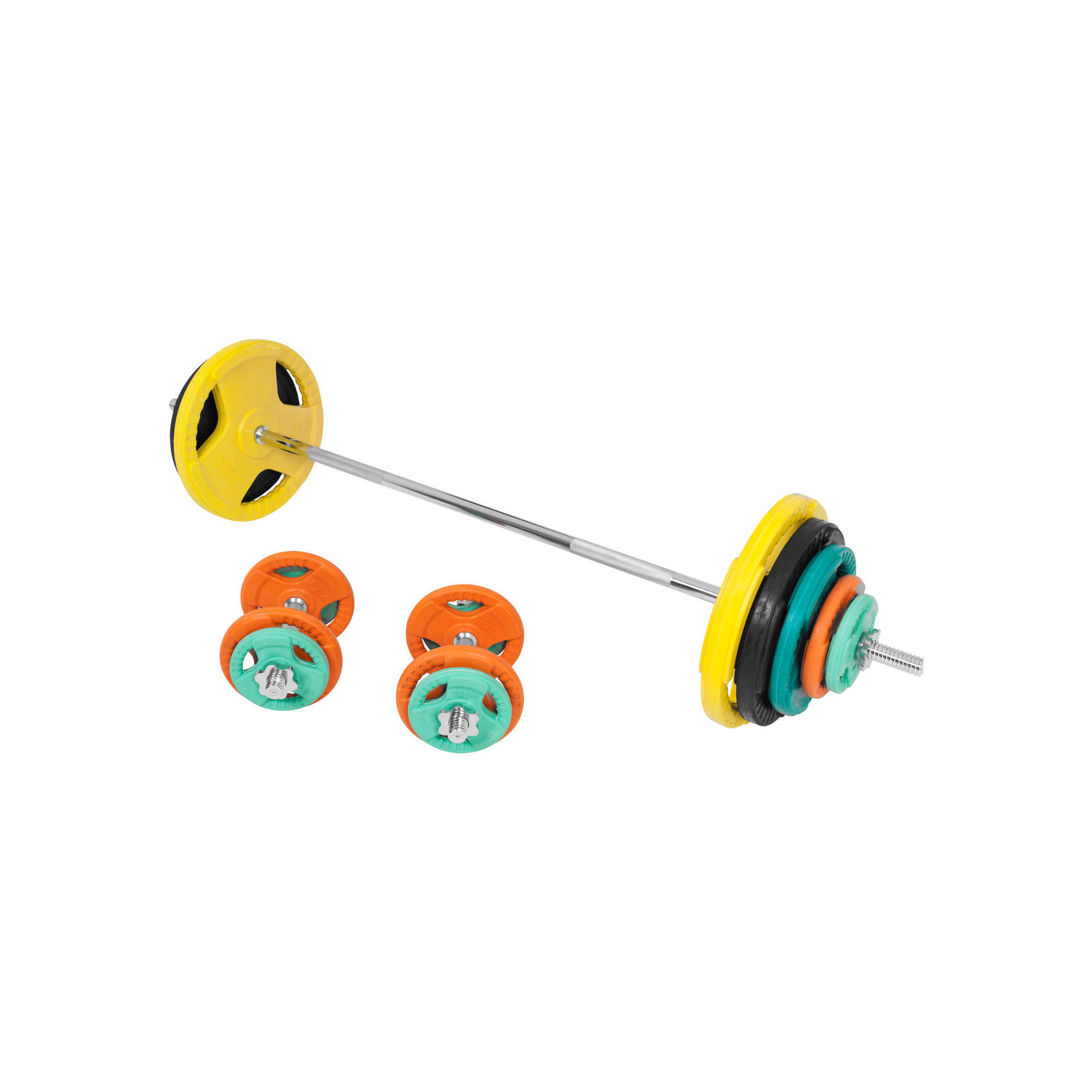 KIT 97,5KG COM PESOS DE BORRACHA E BARRA DE CURL | DIÂMETRO 30/31MM | MUSK