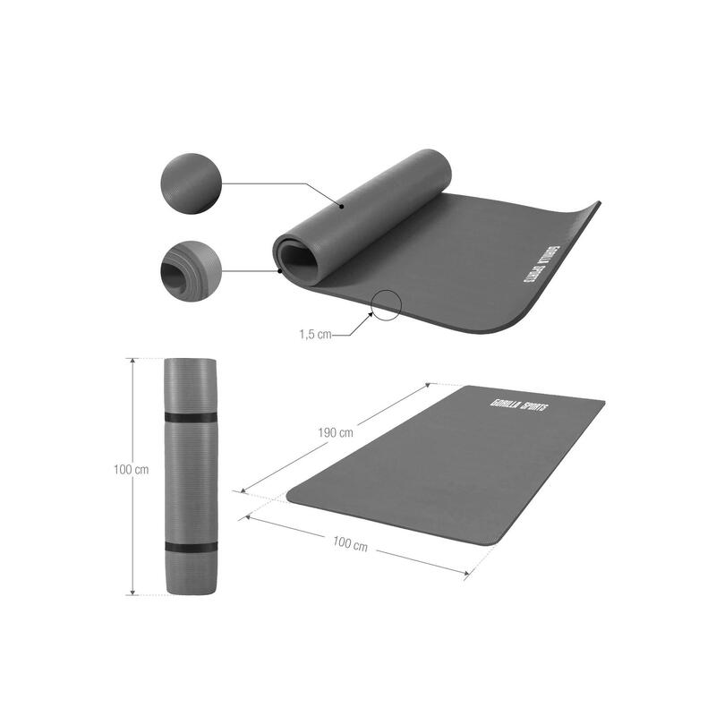 Yogamat Deluxe (190 x 100 x 1,5 cm) - Yoga Mat - grijs