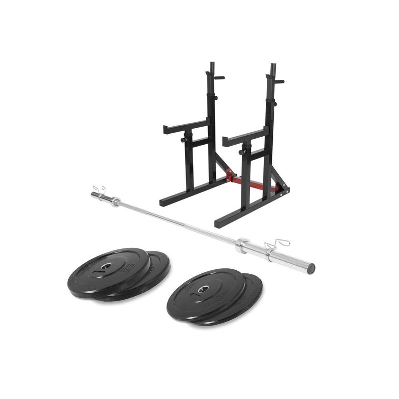 Kit Musculación Olímpico 30 Kg con Rack Sentadillas Gorilla Sports Negro/Rojo