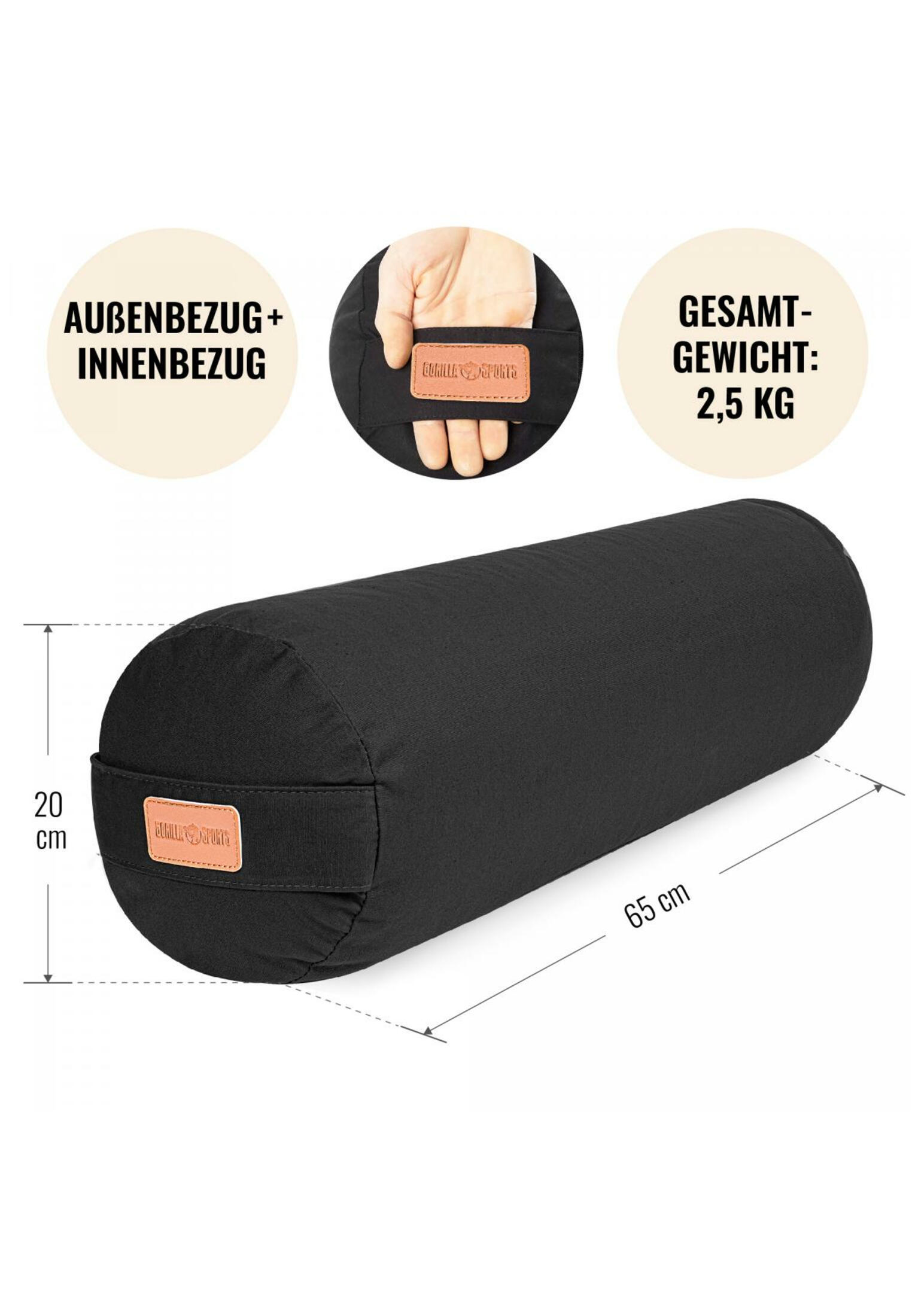 Yoga Bolster - Zwart - 65 x 20 cm - Yoga kussen - Rond 4/7