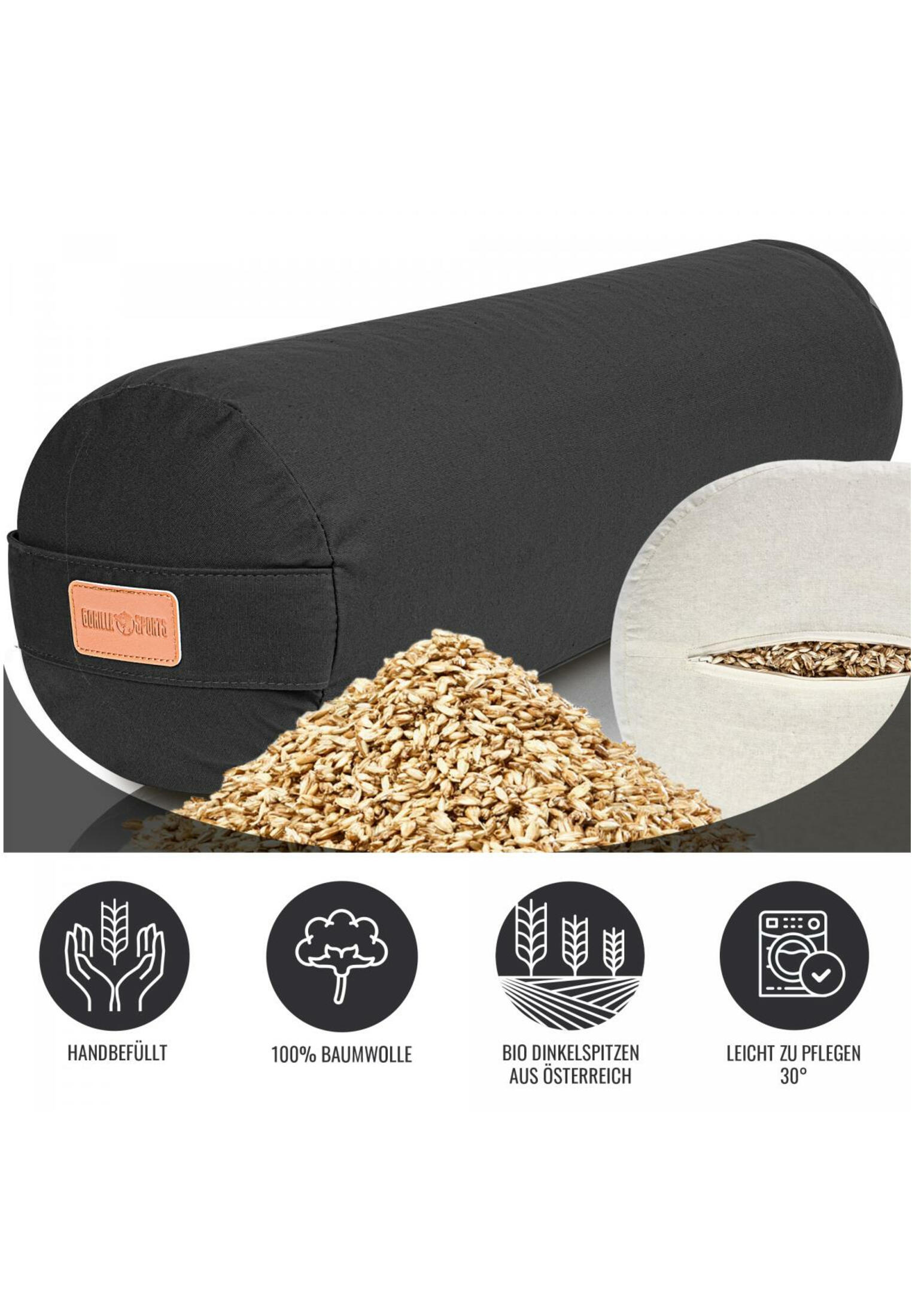 Yoga Bolster - Zwart - 65 x 20 cm - Yoga kussen - Rond 3/7