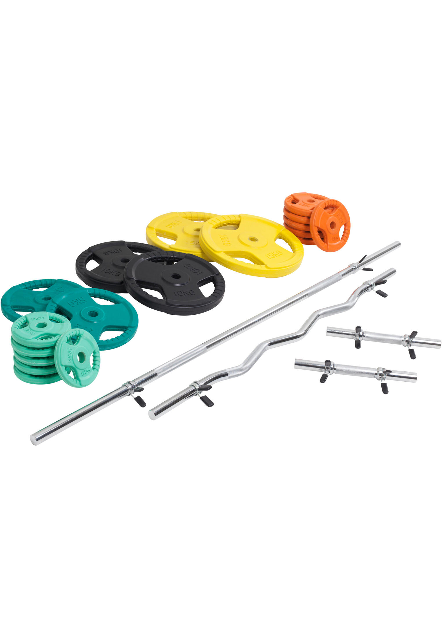 KIT 105,5KG AVEC POIDS EN CAOUTCHOUC GRIP ET BARRE CURL | DIAMETRE 30/31MM | MUS 5/7