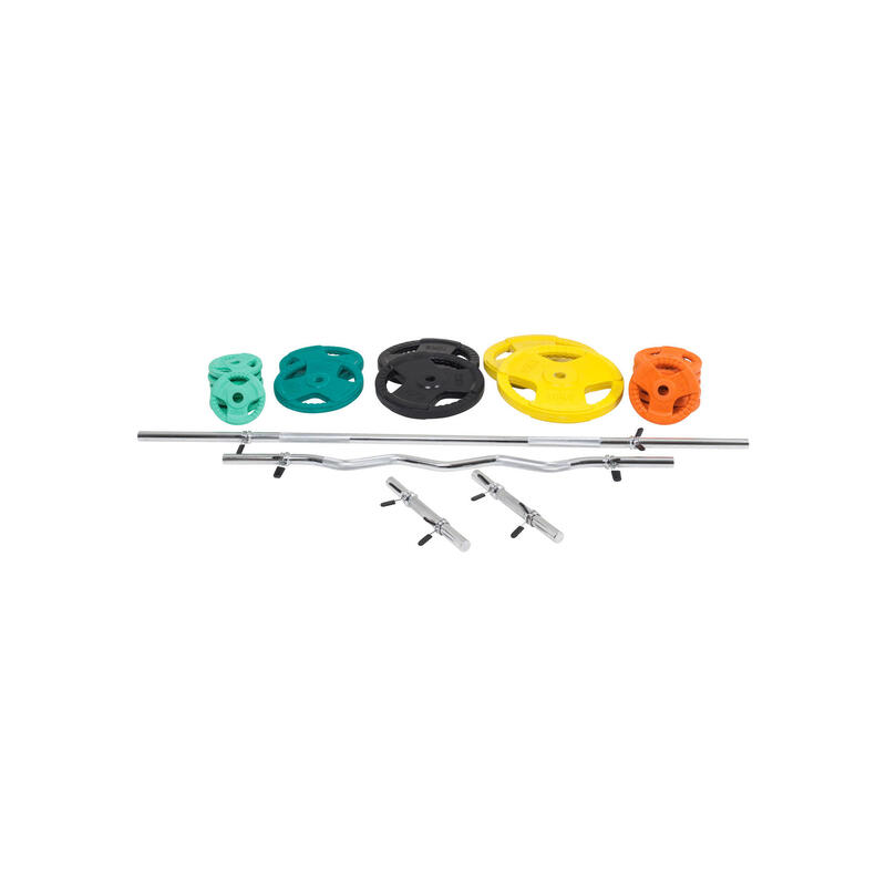 KIT 105,5KG AVEC POIDS EN CAOUTCHOUC GRIP ET BARRE CURL | DIAMETRE 30/31MM | MUS