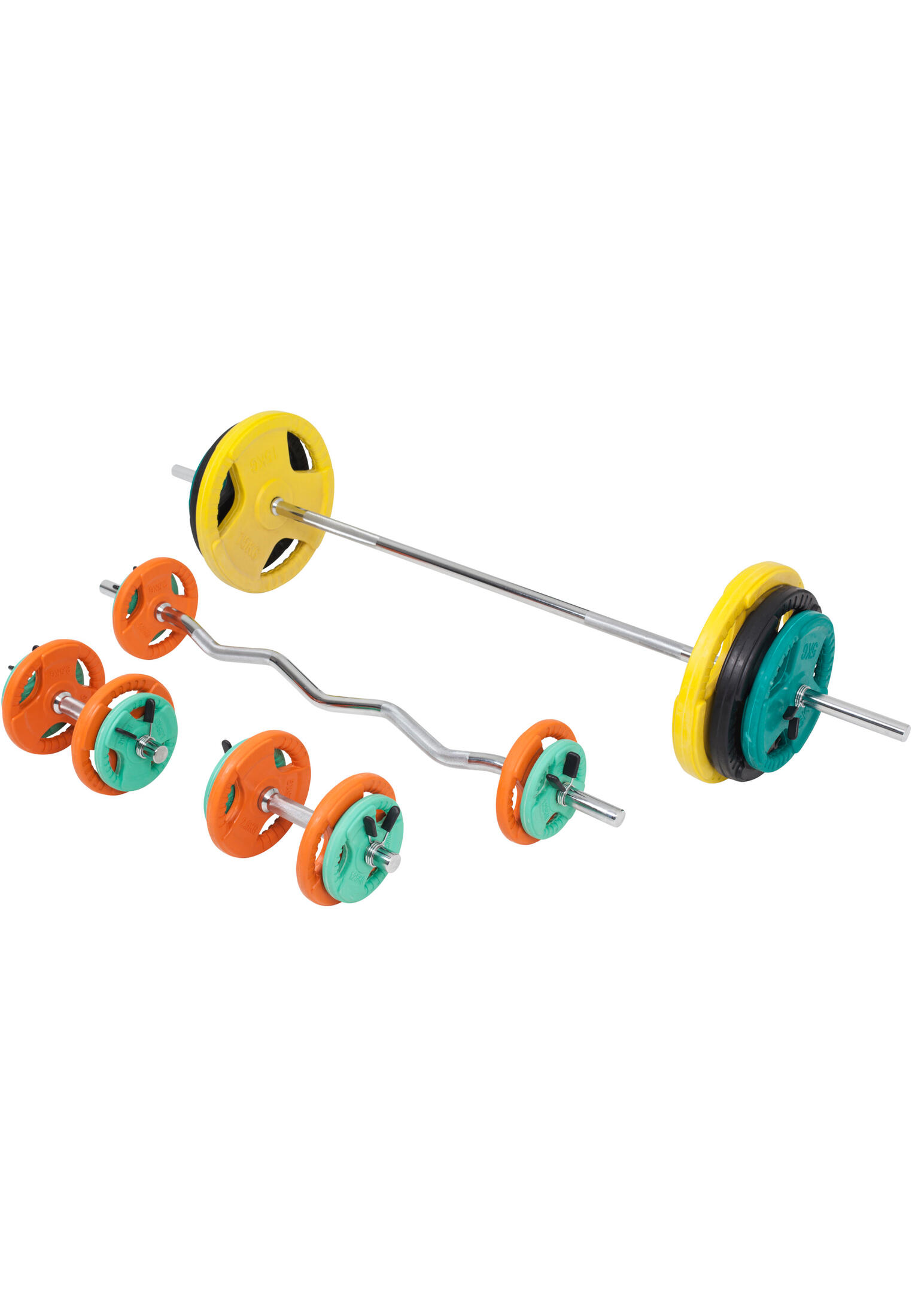 KIT 105,5KG AVEC POIDS EN CAOUTCHOUC GRIP ET BARRE CURL | DIAMETRE 30/31MM | MUS 3/7