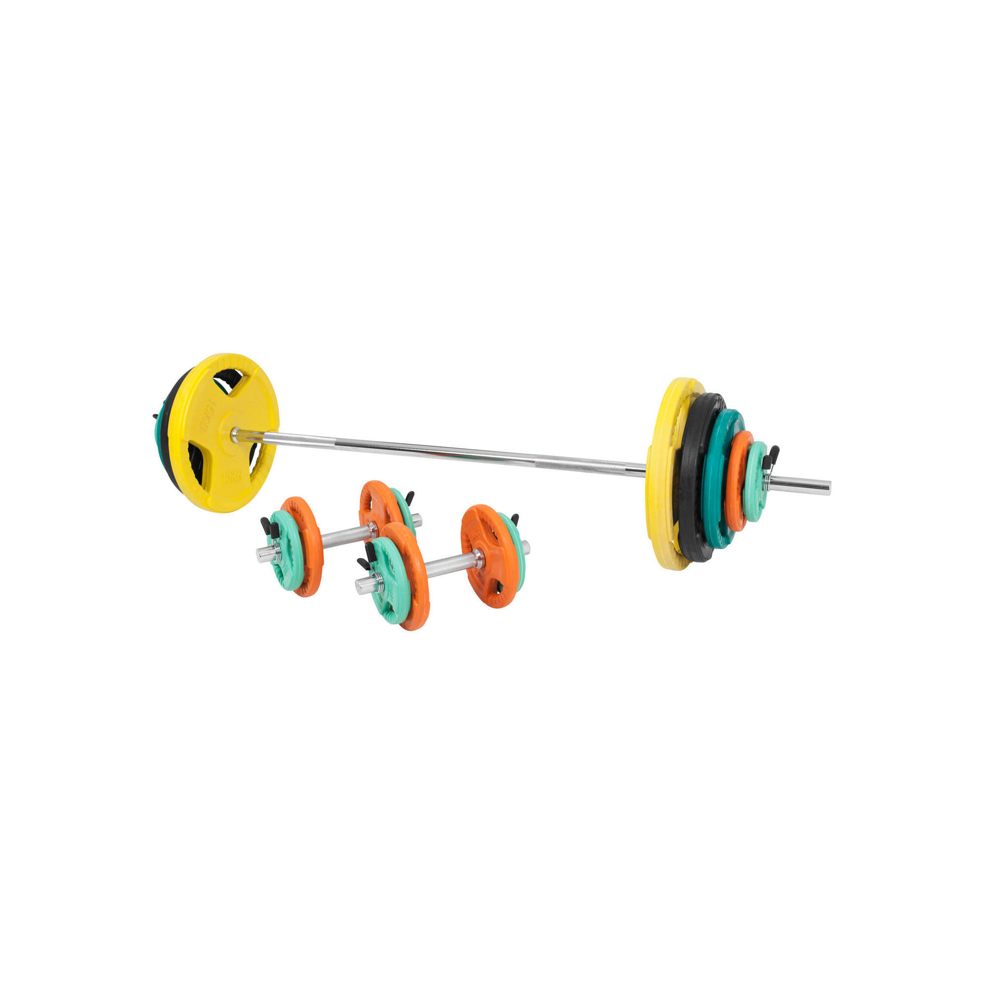 Gorilla Sports - Kit 97,5kg Avec Poids En Caoutchouc Grip Et Barre Curl | Diametre 30/31mm | Musc - Kit Haltères - Orange - >80 Kg - Decathlon