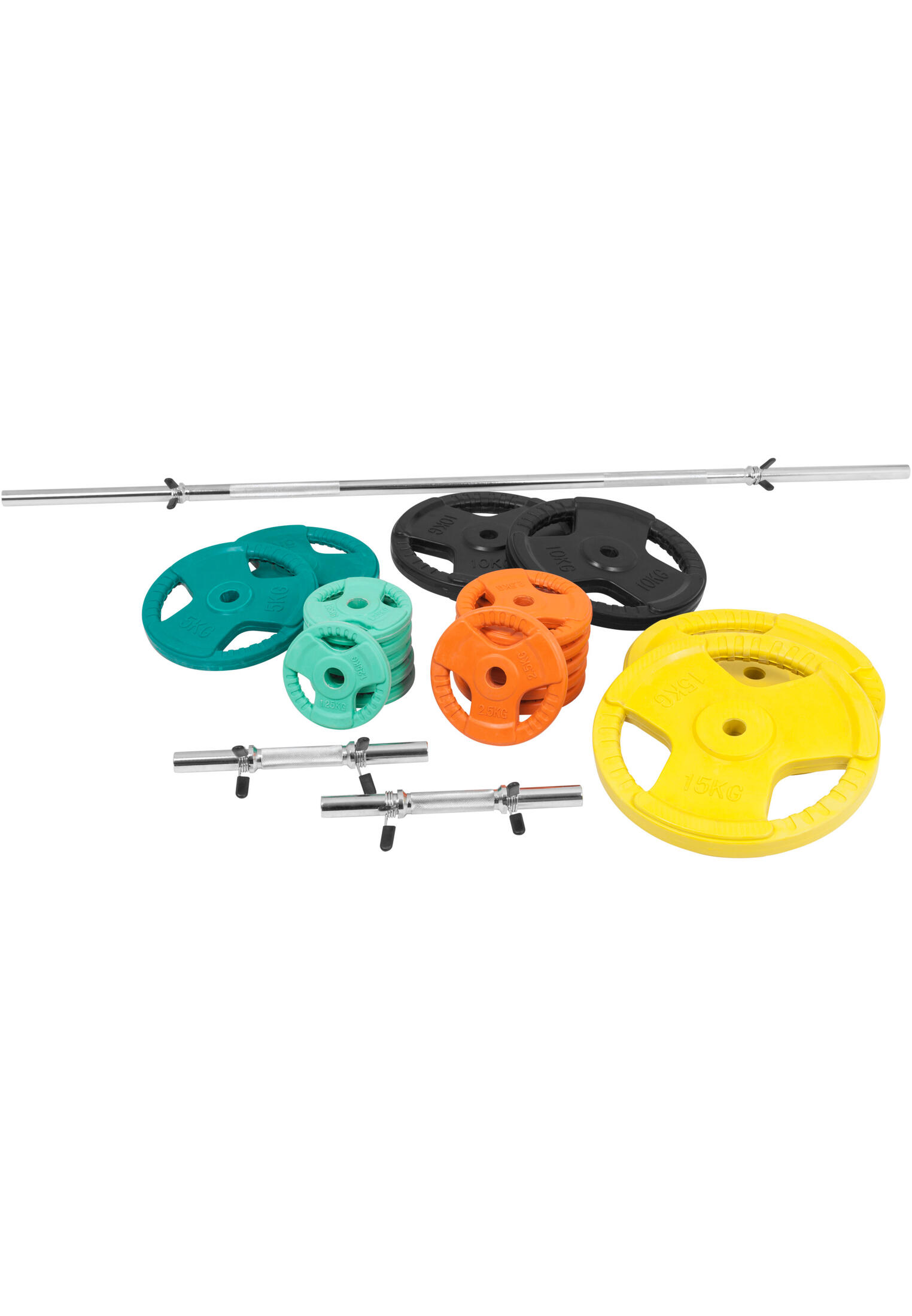 KIT 97,5KG AVEC POIDS EN CAOUTCHOUC GRIP ET BARRE CURL | DIAMETRE 30/31MM | MUSC 2/7