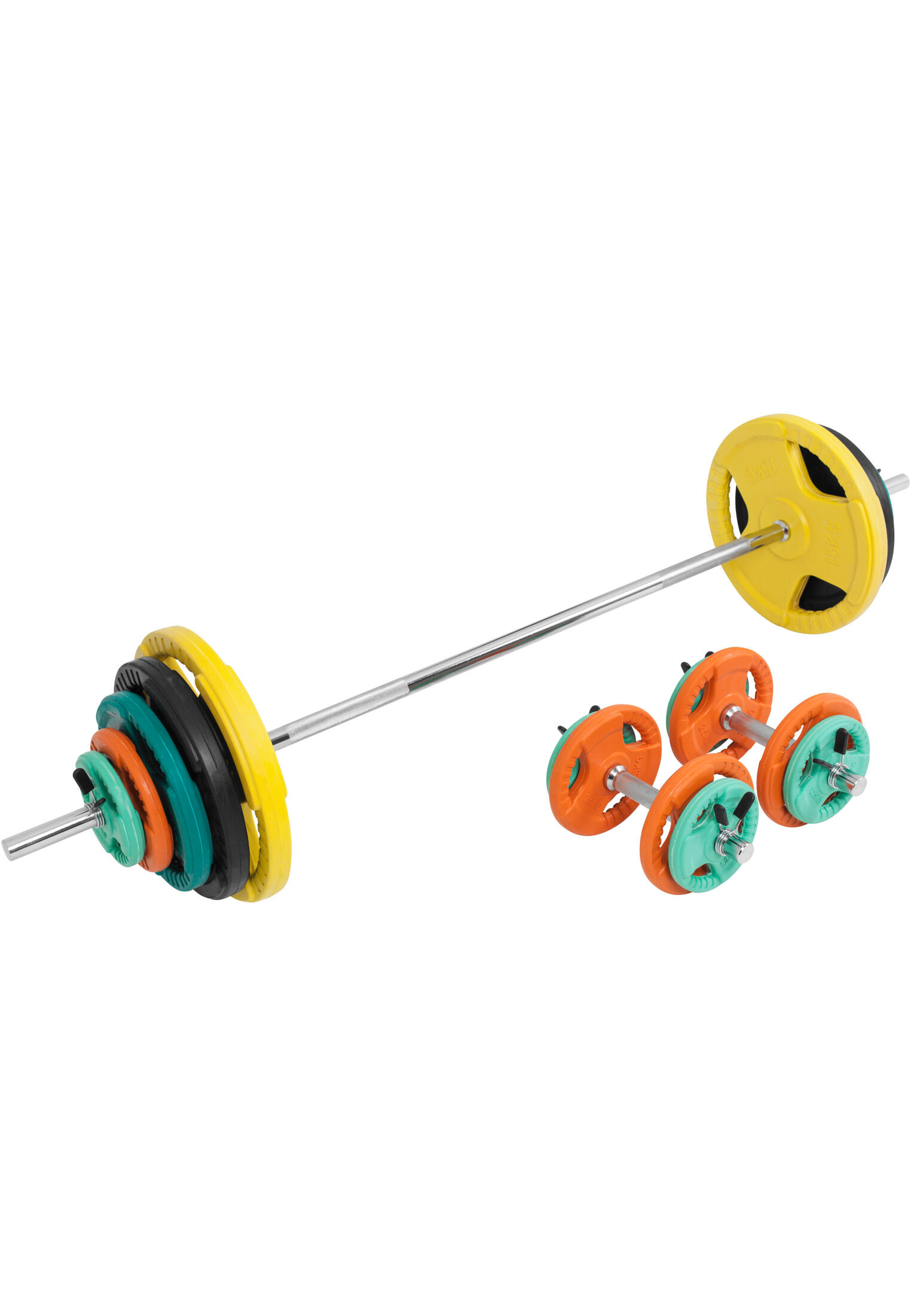 KIT 97,5KG AVEC POIDS EN CAOUTCHOUC GRIP ET BARRE CURL | DIAMETRE 30/31MM | MUSC 5/7