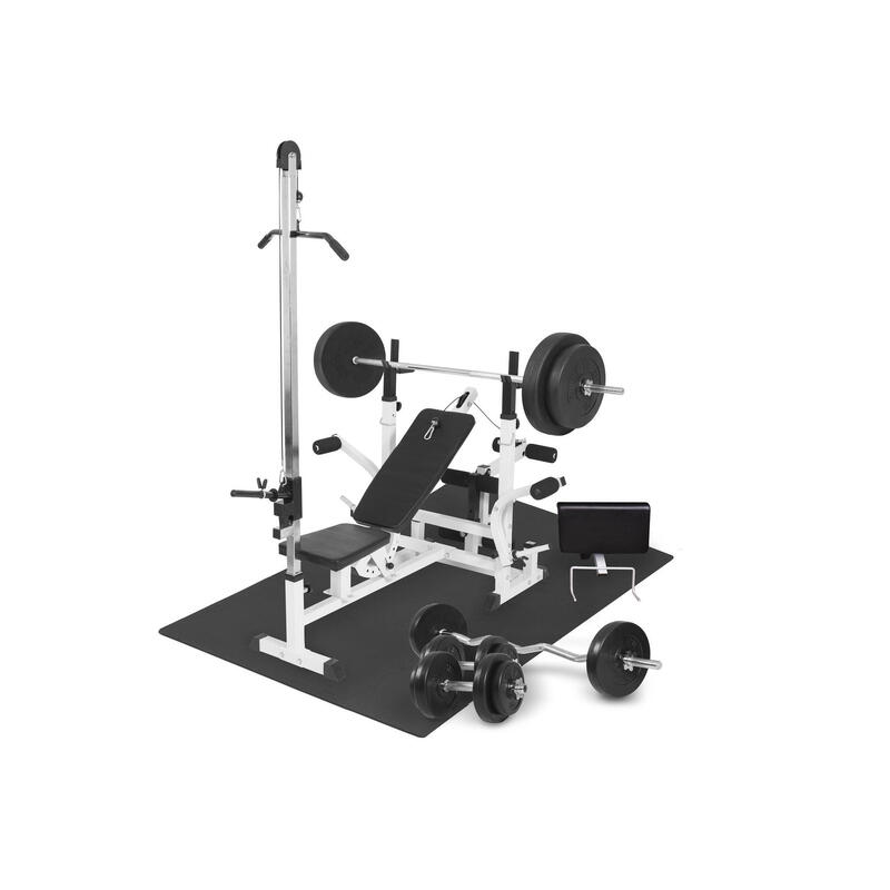 Fitnessbank Wit Met Gewichten 100 kg - Lat Pulley - Puzzelmat - Complete Set