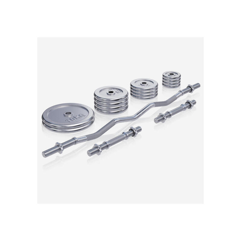 SET D'HALTÈRES DE 68KG AVEC DISQUES CHROMÉS + BARRE CURL 120CM | MUSCULATION 2