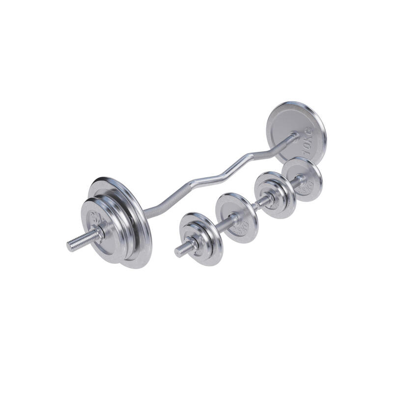 SET D'HALTÈRES DE 68KG AVEC DISQUES CHROMÉS + BARRE CURL 120CM | MUSCULATION