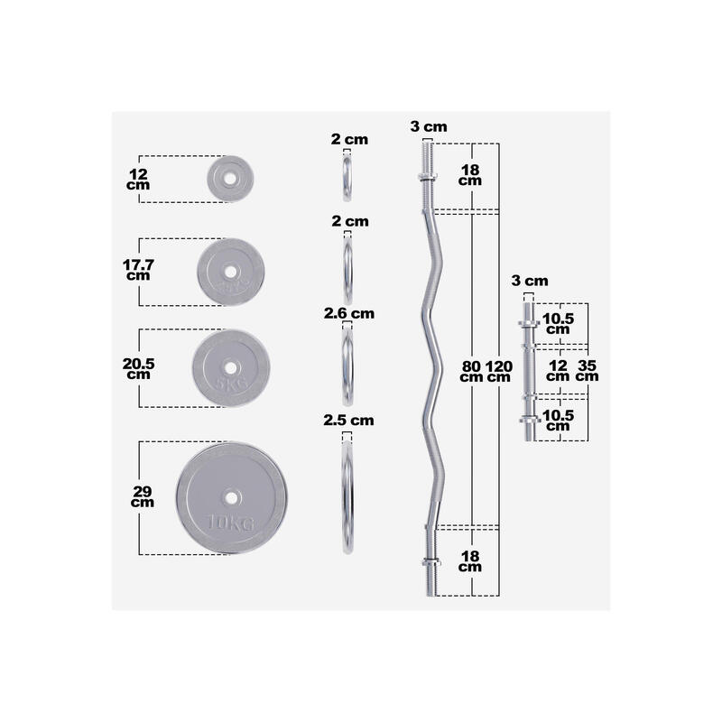 SET D'HALTÈRES DE 68KG AVEC DISQUES CHROMÉS + BARRE CURL 120CM | MUSCULATION