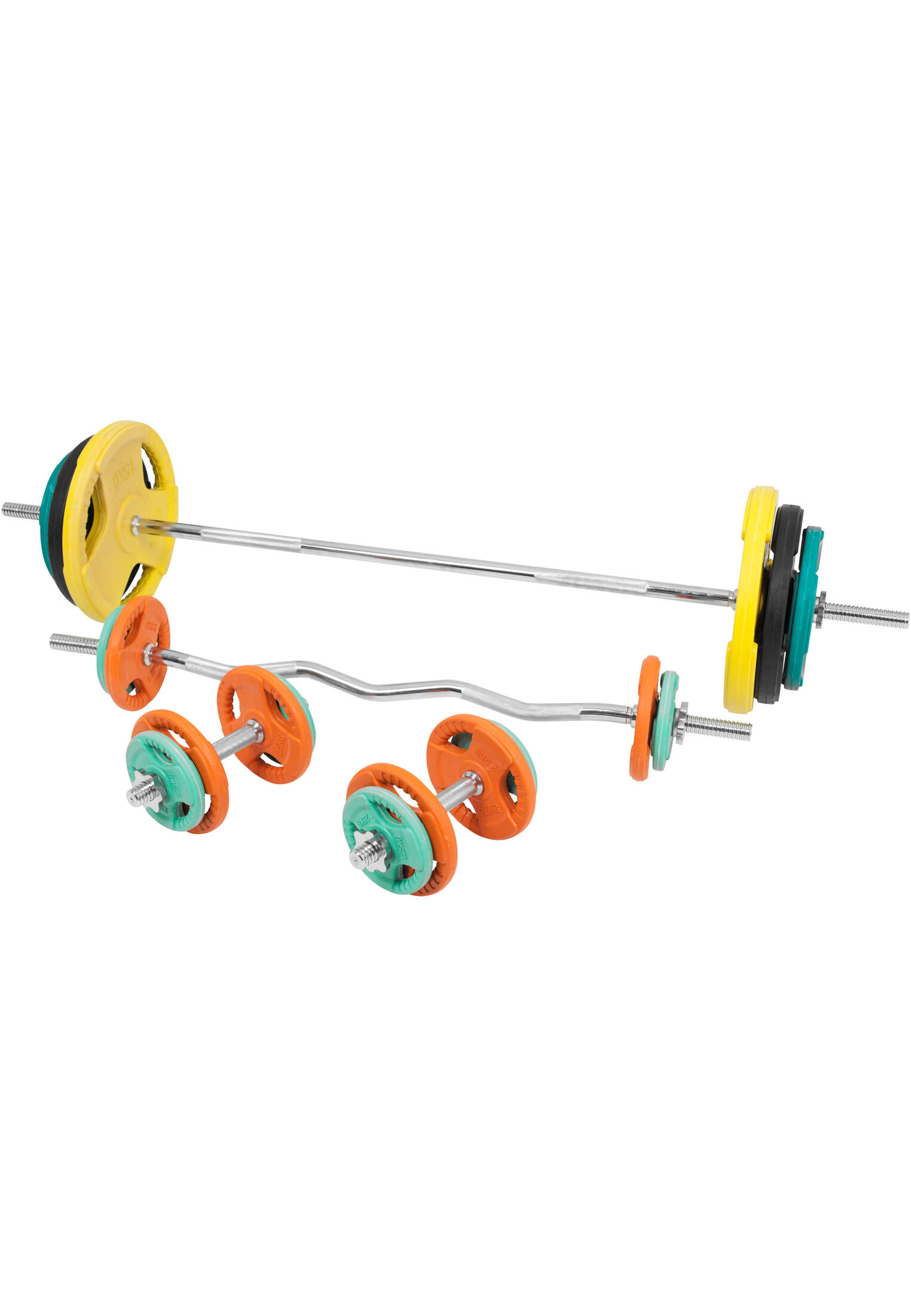 KIT 105,5KG AVEC POIDS EN CAOUTCHOUC GRIP ET BARRE CURL | DIAMETRE 30/31MM | MUS 5/7