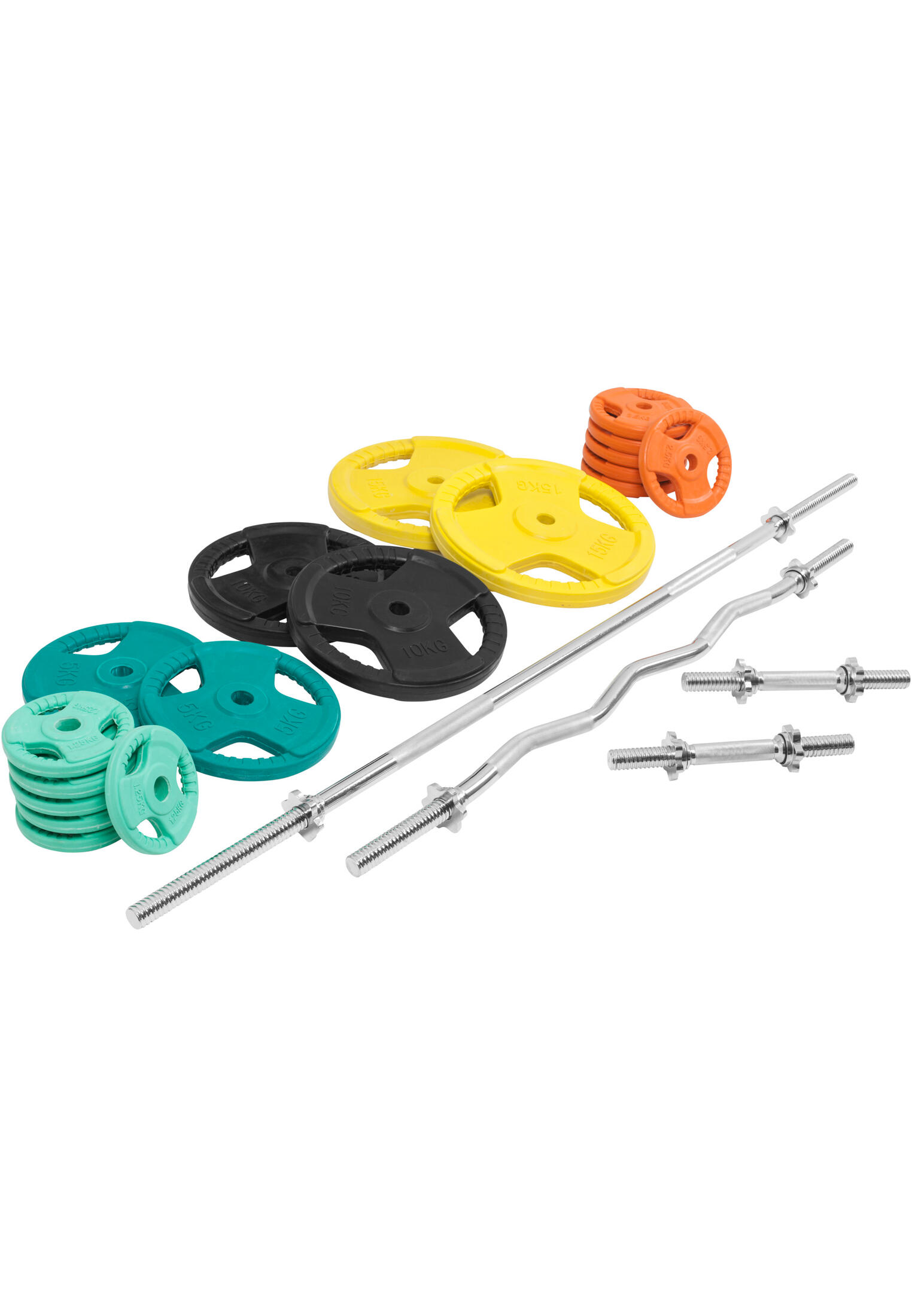 KIT 105,5KG AVEC POIDS EN CAOUTCHOUC GRIP ET BARRE CURL | DIAMETRE 30/31MM | MUS 3/7