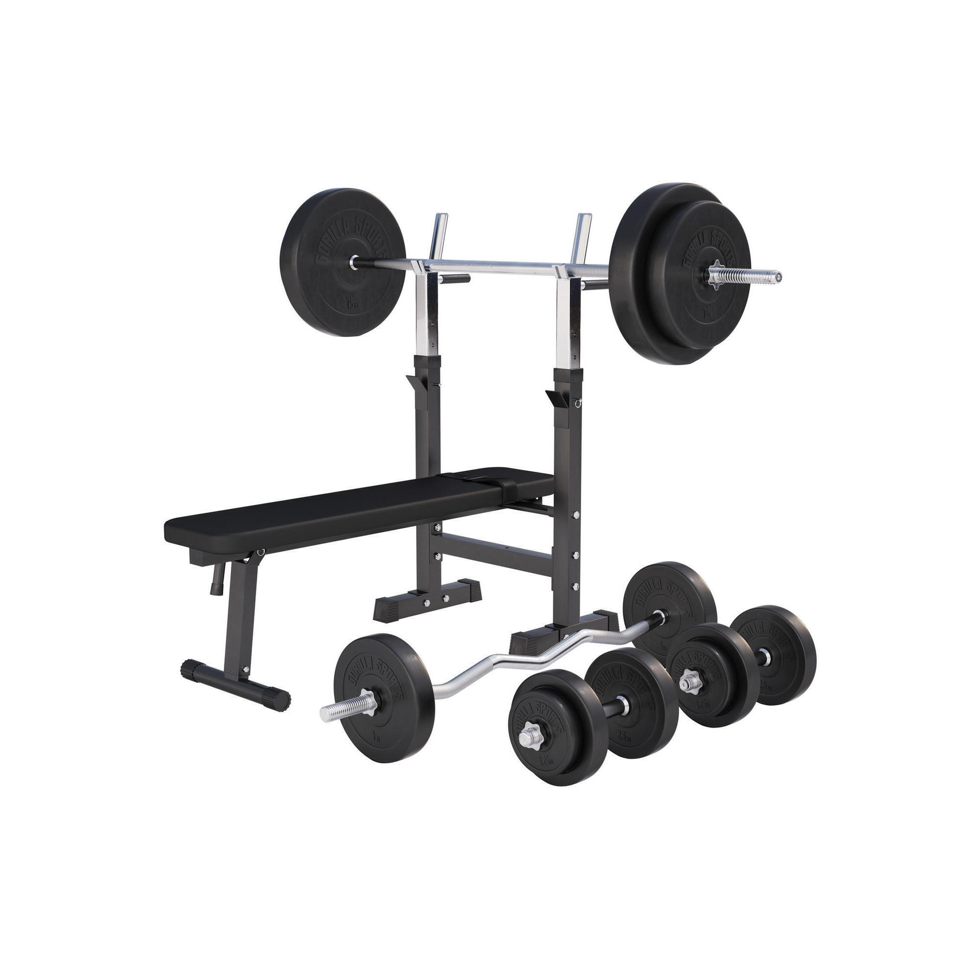 GORILLA SPORTS Halterbank zwart met 100 kg halterset - Fitnessbank - Verstelbaar