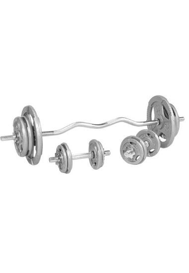 SET D'HALTERES AVEC DISQUES GRIP, BARRE CURL ET BARRES COURTES | TOTAL 68 KG | M