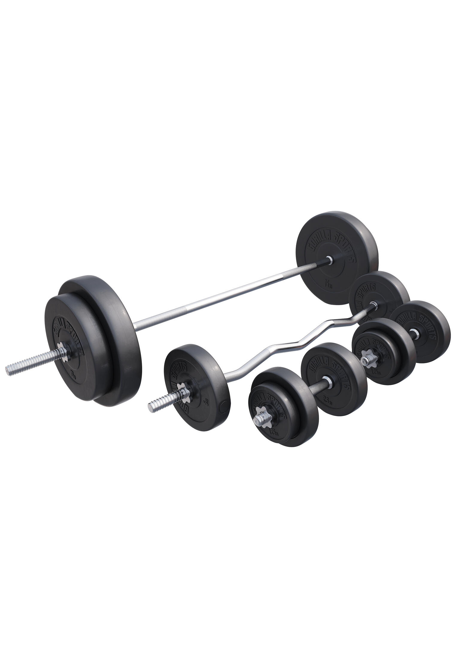 Conjunto de treino halteres de plástico + barra 100 kg