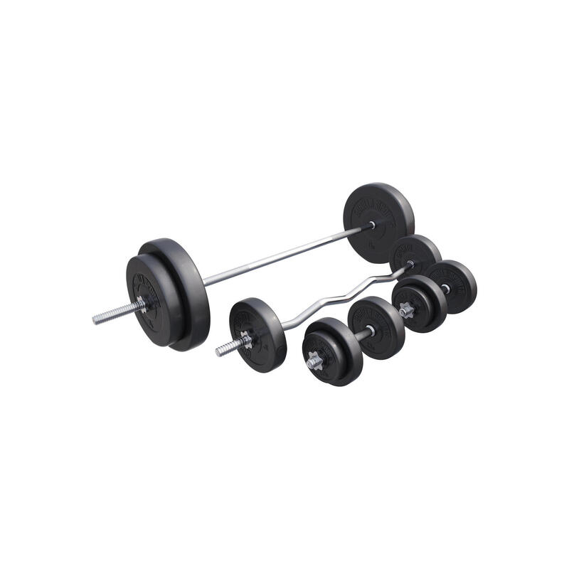 SET D'HALTÈRES COMPLET 97,5KG | DISQUES PLASTIQUE + BARRES | MUSCULATION