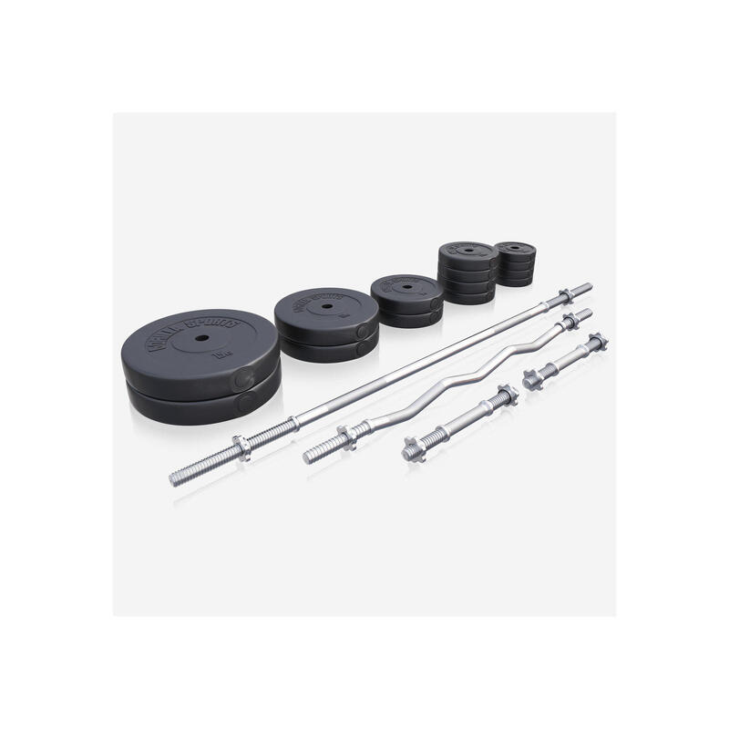 SET D'HALTÈRES COMPLET 97,5KG | DISQUES PLASTIQUE + BARRES | MUSCULATION