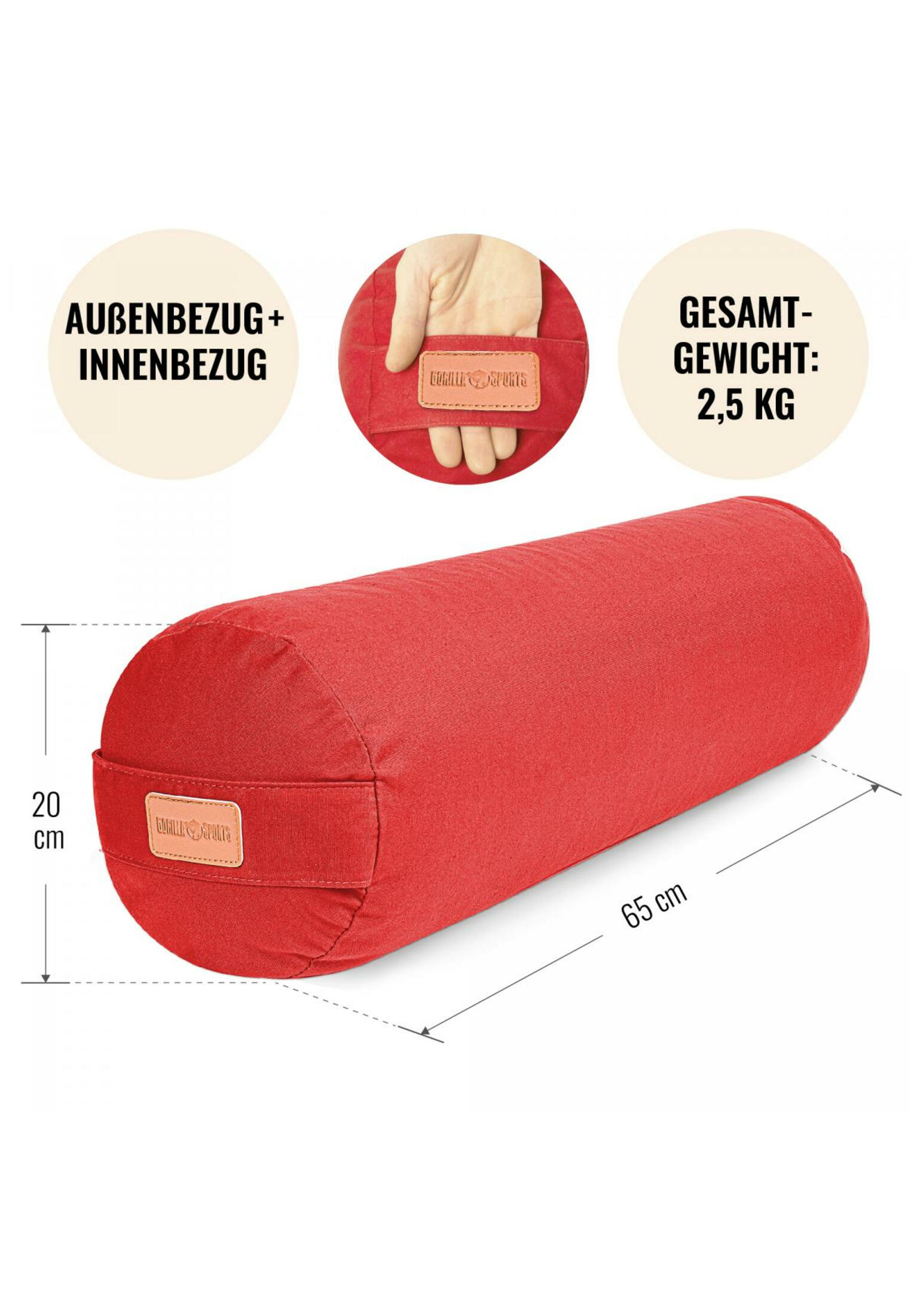 Yoga Bolster - Rood - 65 x 20 cm - Yoga kussen - Rond 4/7