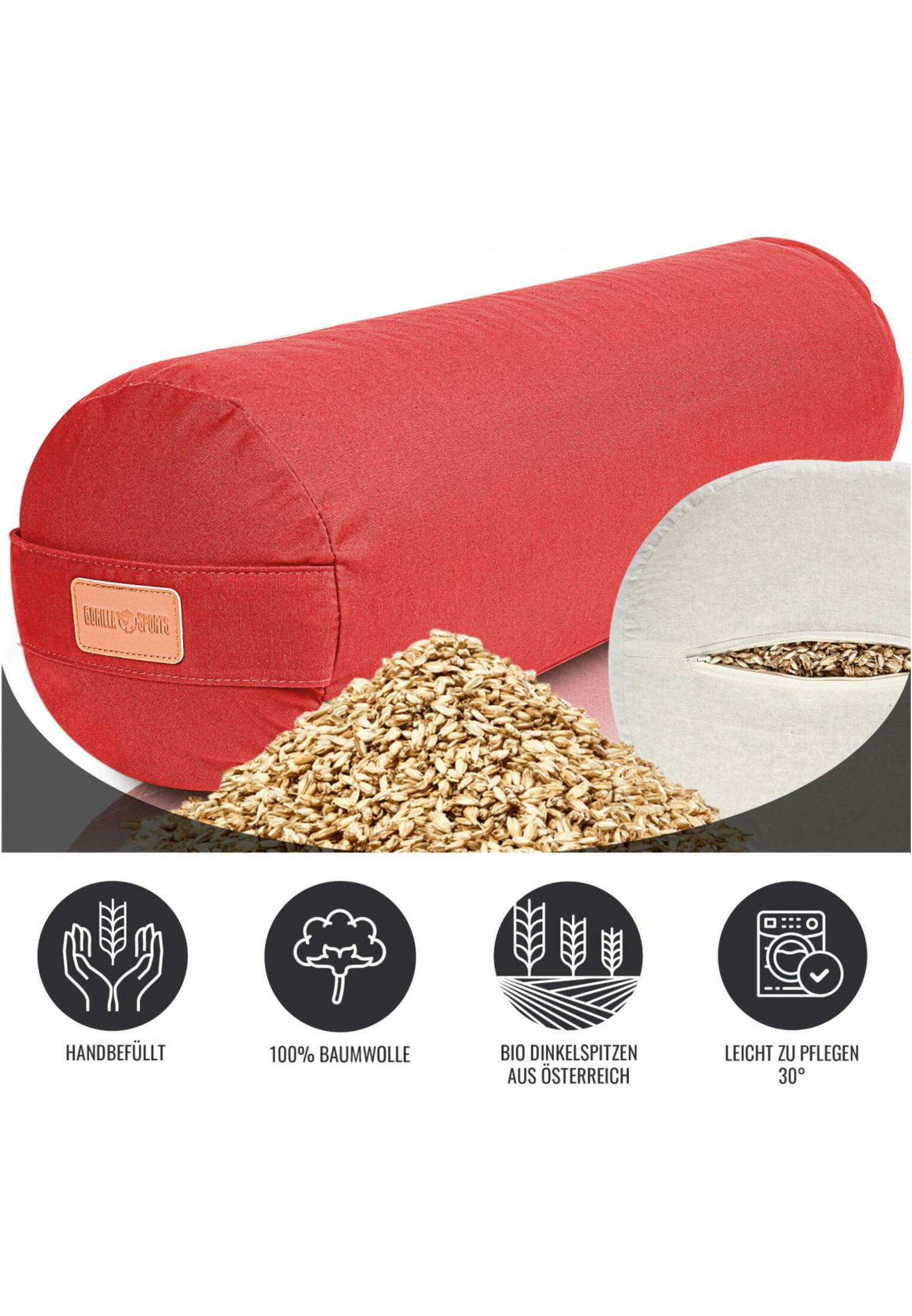 Yoga Bolster - Rood - 65 x 20 cm - Yoga kussen - Rond 3/7