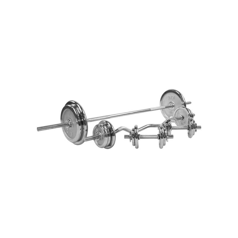 SET D'HALTÈRES COMPLET 105,5KG | DISQUES FONTE CRHOME + BARRES | MUSCULATION