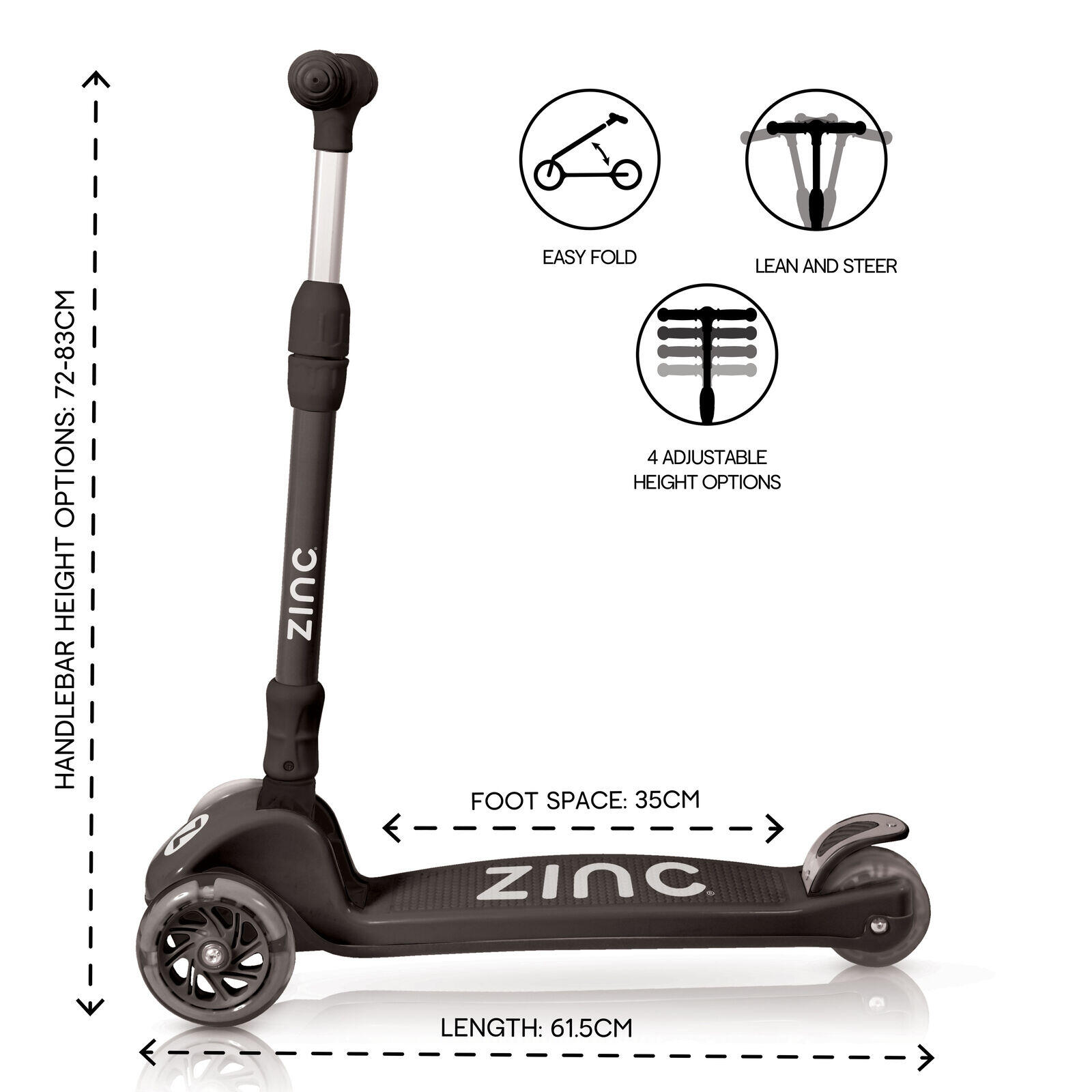 Zinc T-motion Three Wheeled Scooter - Black 3/4