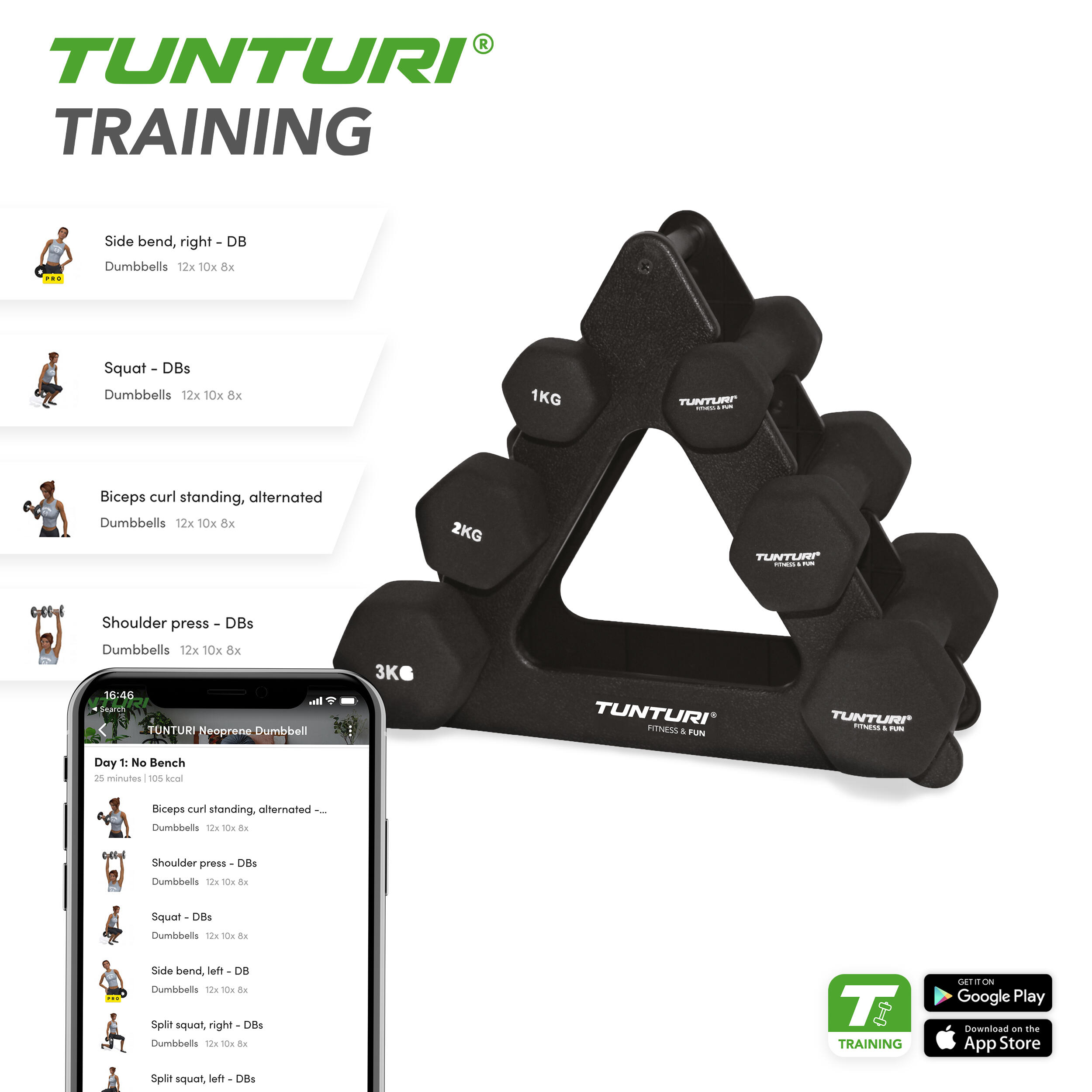 Neoprene short dumbbell set with support for Tunturi