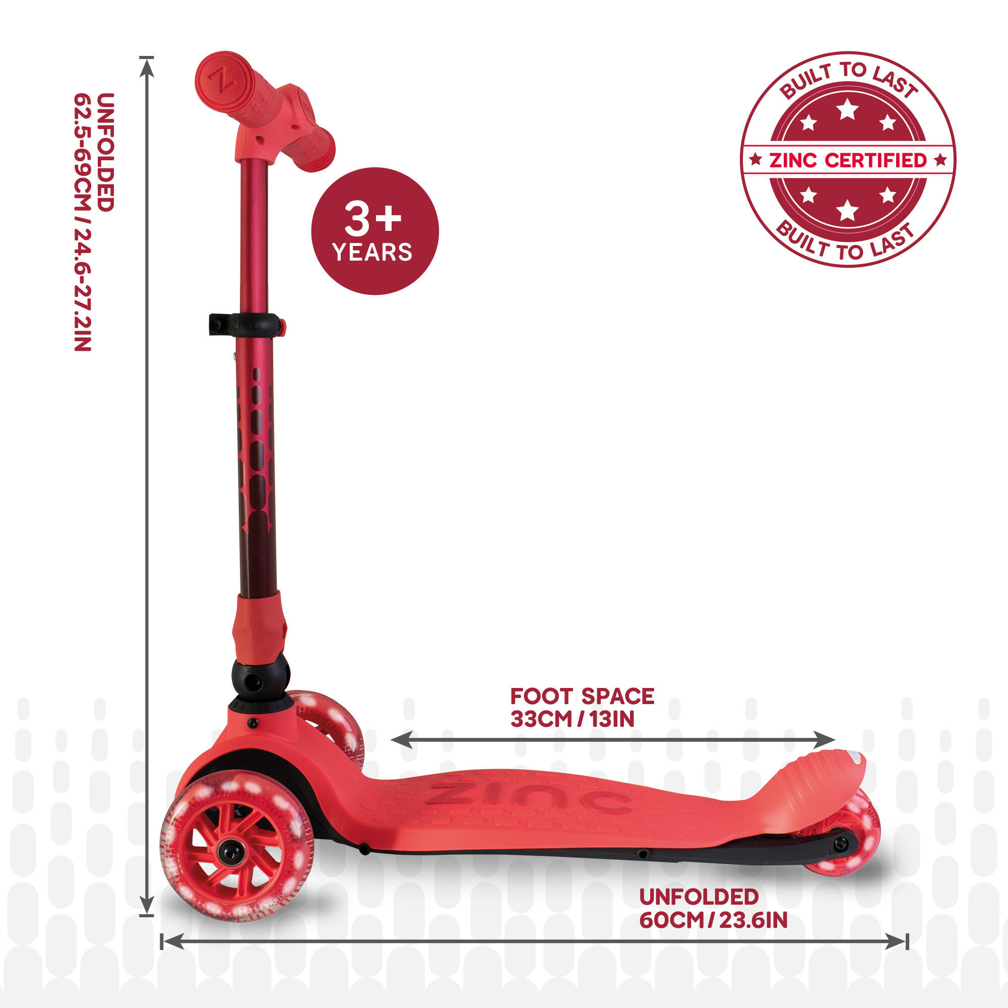 Zinc Flyte 3 Wheeled Folding Scooter Maple Red 3/8