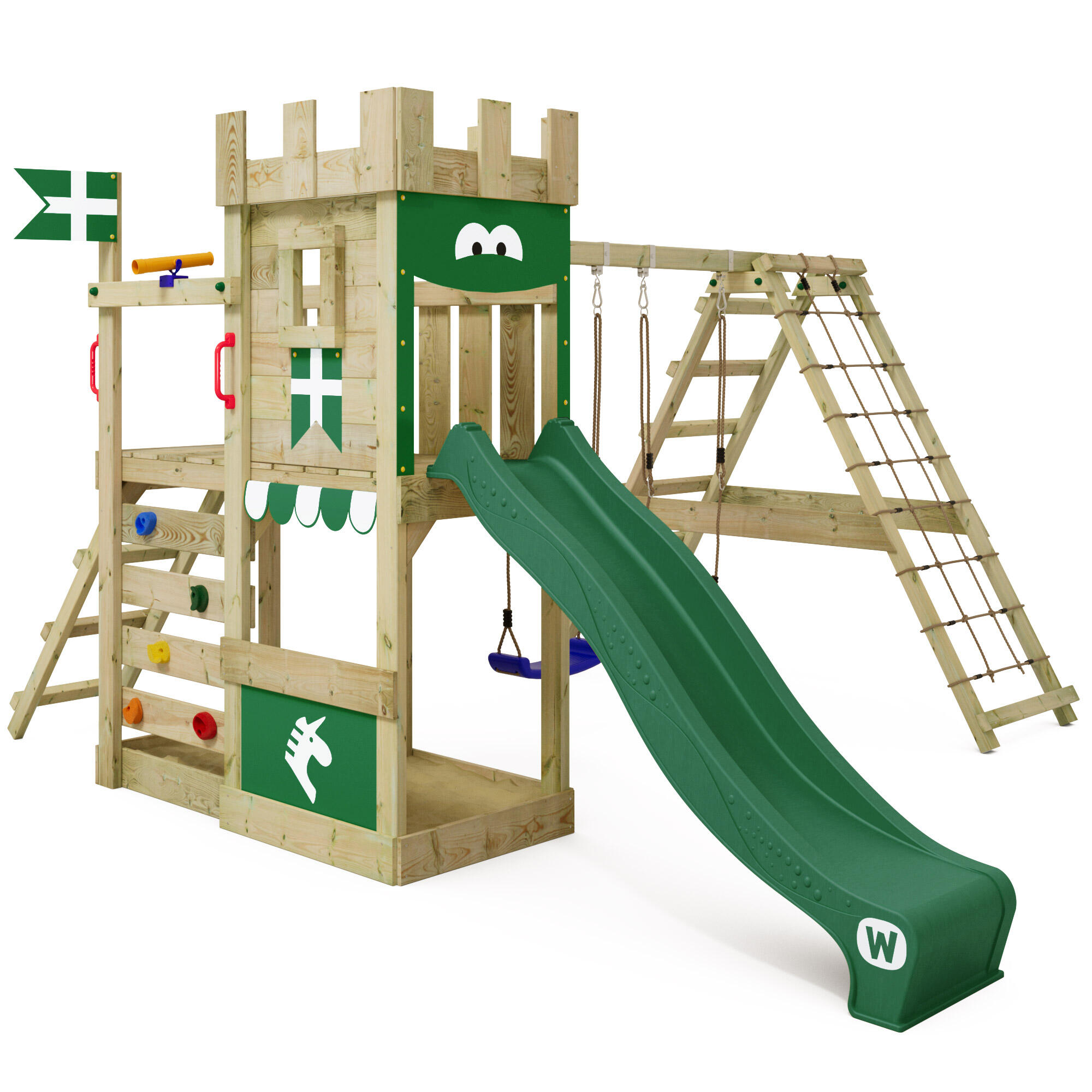 WICKEY DragonFlyer speeltoren met schommel & groene glijbaan