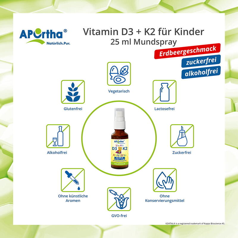 Vitamin D3 + K2 für Kinder - Erdbeergeschmack  - 25 ml vegetarisches Mundspray