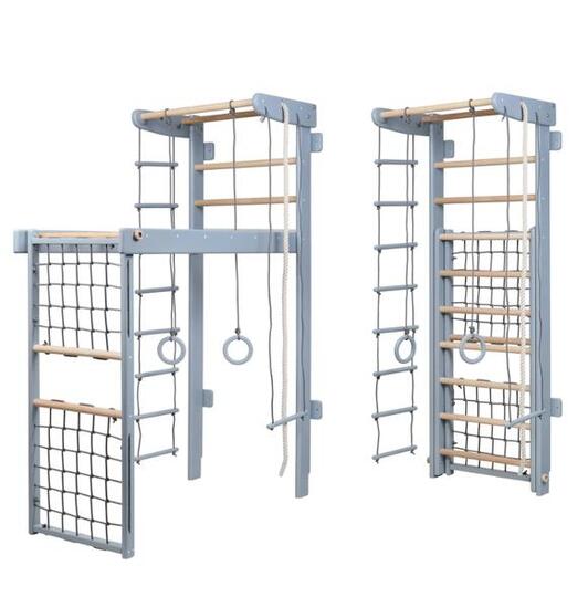Holz Sprossenwand mit Kletternetz, Trapez und Akrobatikzubehör für Kinder