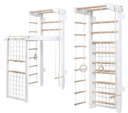 Holz Sprossenwand mit Kletternetz, Trapez und Akrobatikzubehör für Kinder