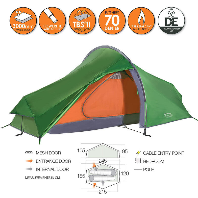 Tente de trekking vélo moto monocoque Nevis 200 - 2 personnes